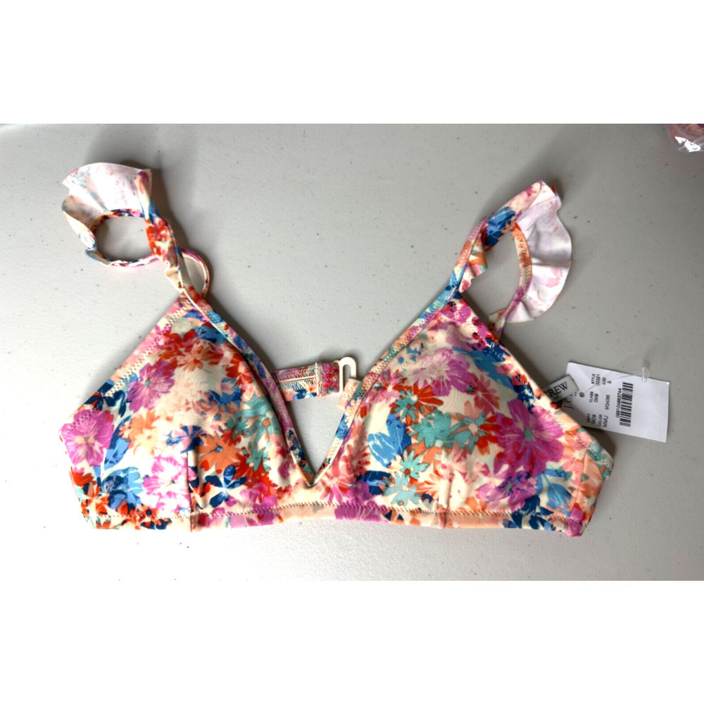 J. Crew NWT Ruffle Shoulder French Bikini Top Bra J0321 Multicolor Floral White